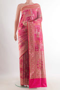 Pure Silk Pink Banarasi Saree with Zari Brocade on the body and Zari Border.  displayed on a mannequin