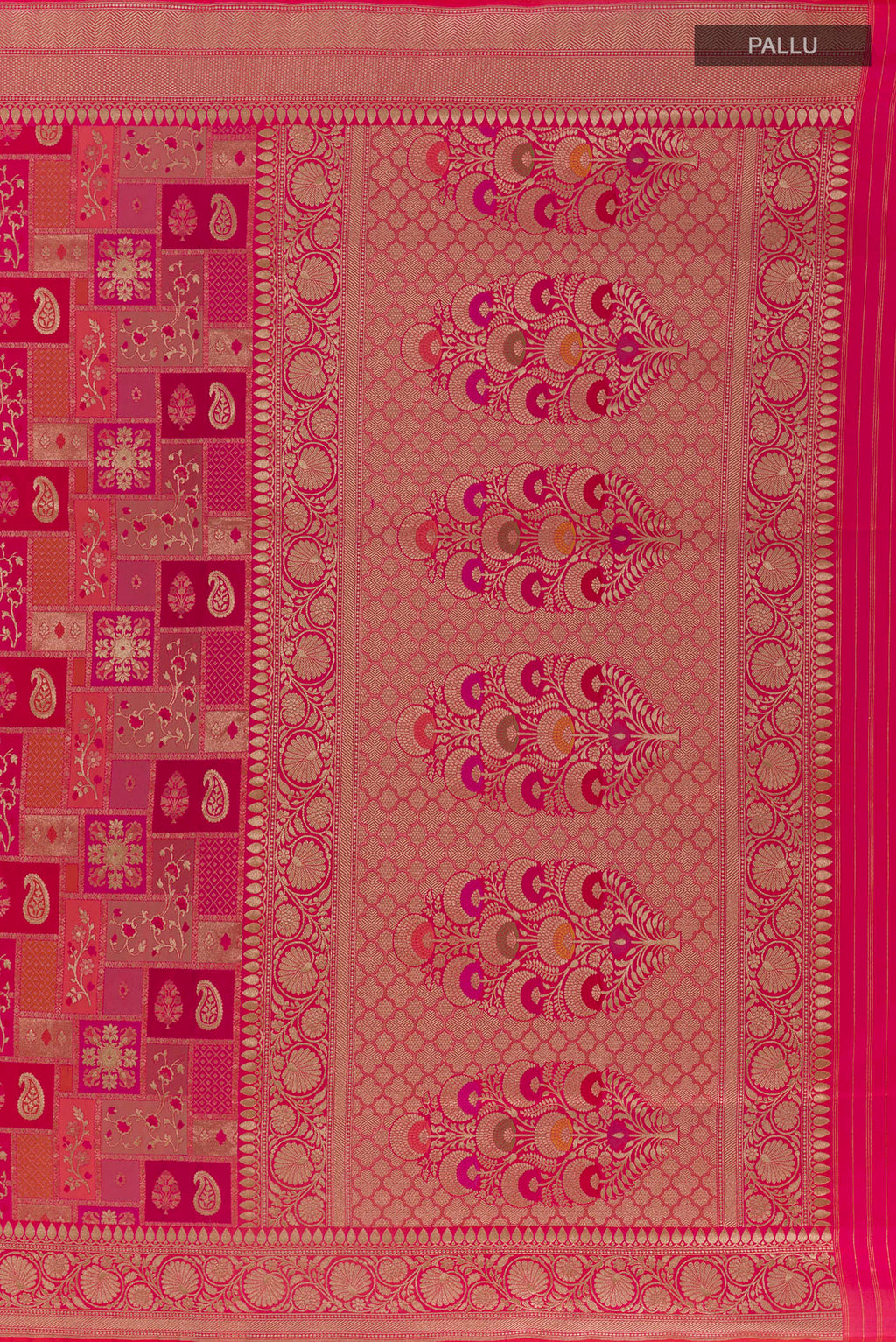 Close up image of the pallu of Pure Silk Pink Banarasi Saree with Zari Brocade on the body and Zari Border. 
