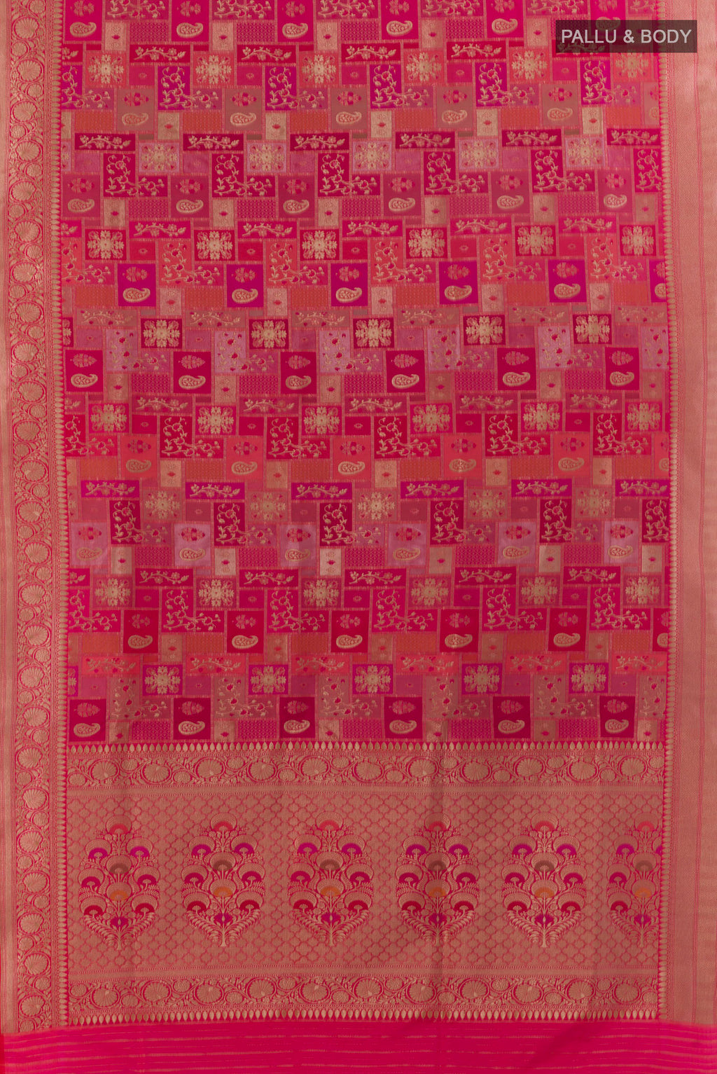 Flat view of Pure Silk Pink Banarasi Saree with Zari Brocade on the body and Zari Border. 