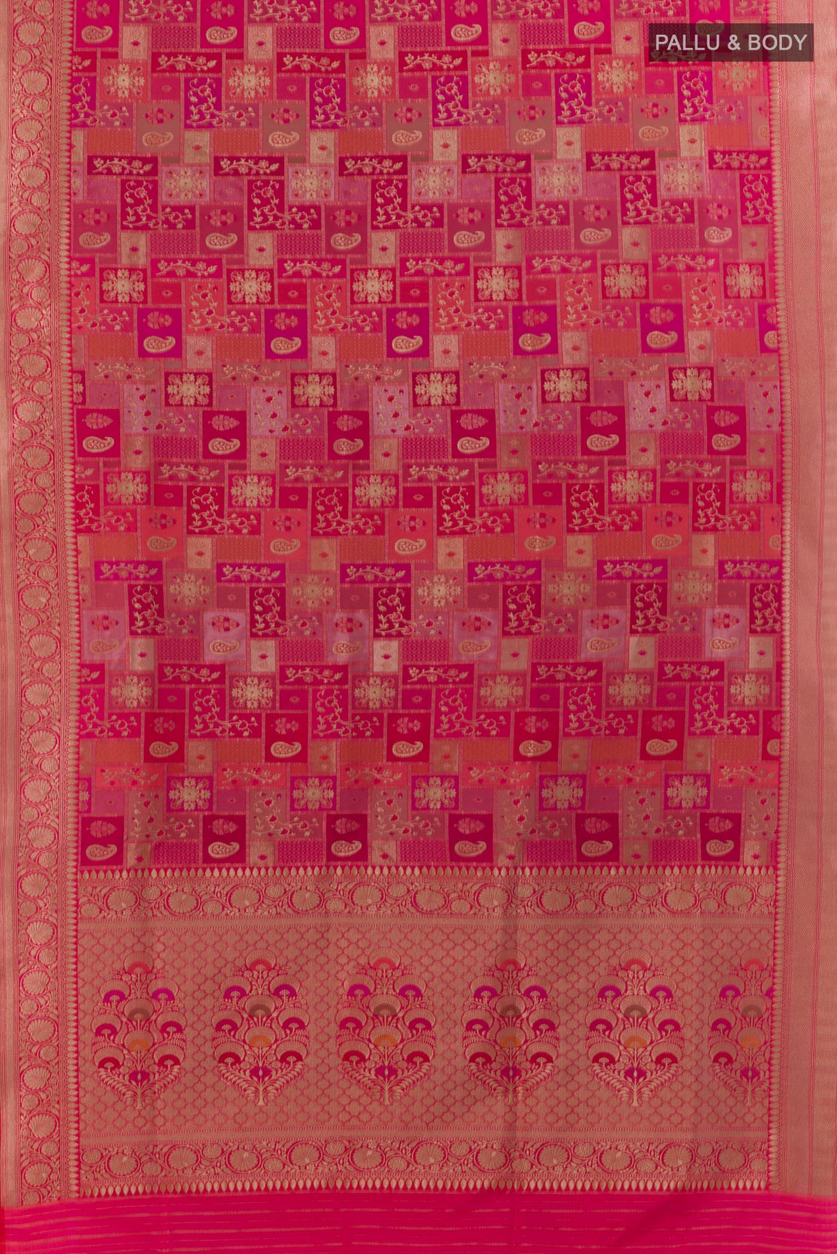 Flat view of Pure Silk Pink Banarasi Saree with Zari Brocade on the body and Zari Border. 