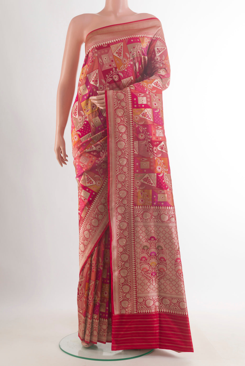 Pure Silk Multi Color Banarasi Saree with Zari Brocade on the body and Zari Border.  displayed on a mannequin