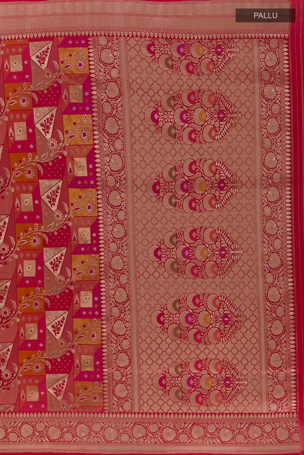 Close up image of the pallu of Pure Silk Multi Color Banarasi Saree with Zari Brocade on the body and Zari Border. 