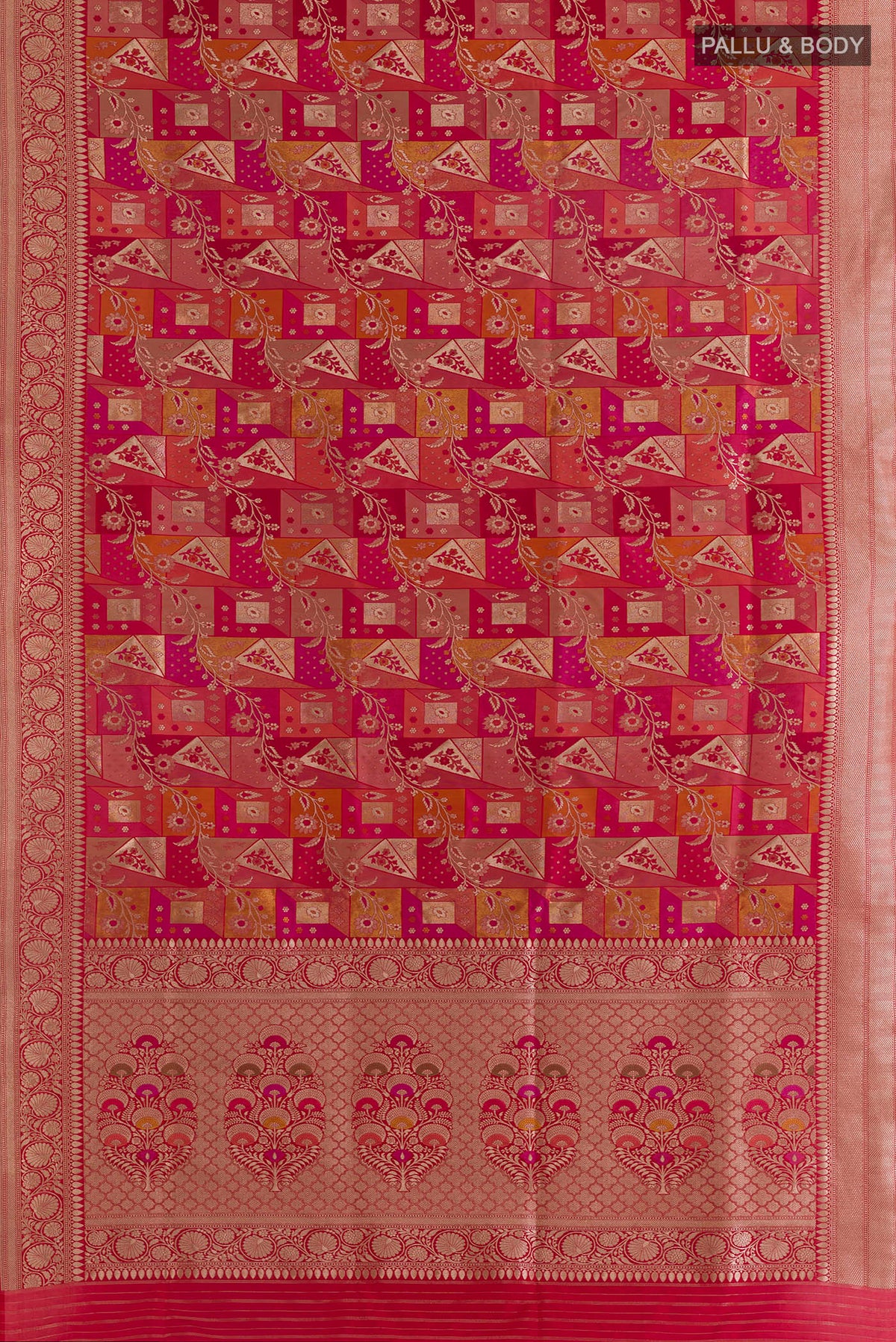 Flat view of Pure Silk Multi Color Banarasi Saree with Zari Brocade on the body and Zari Border. 