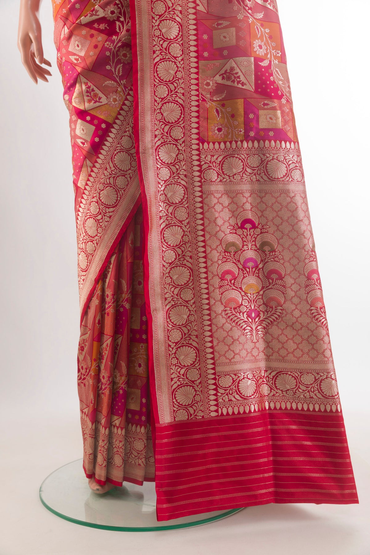 Pleats and pallu of Pure Silk Multi Color Banarasi Saree with Zari Brocade on the body and Zari Border. 