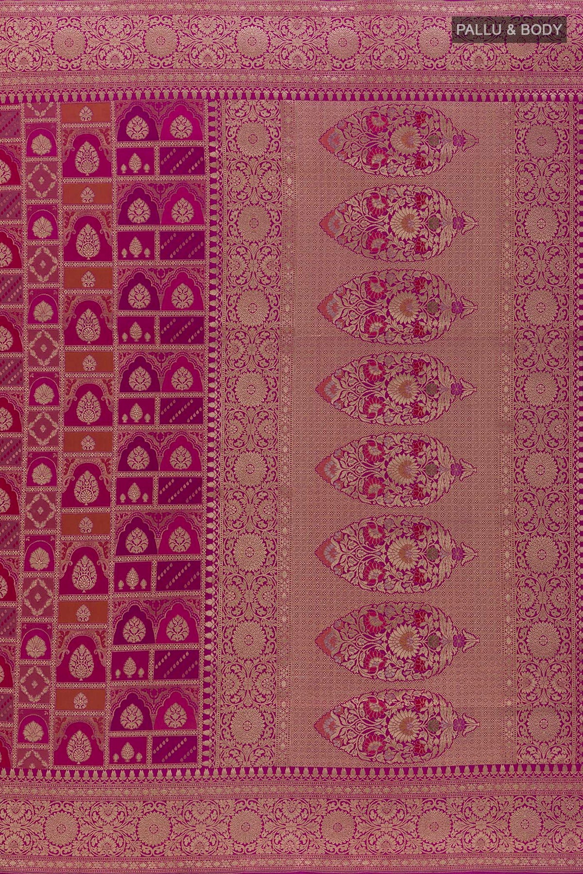 Close up image of the pallu of Pure Silk Magenta Banarasi Saree with Zari Brocade on the body and Zari Border. 