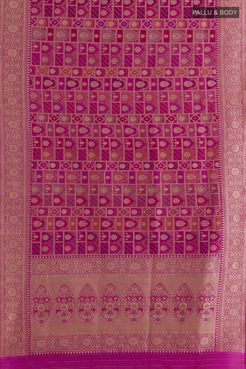 Flat view of Pure Silk Magenta Banarasi Saree with Zari Brocade on the body and Zari Border. 
