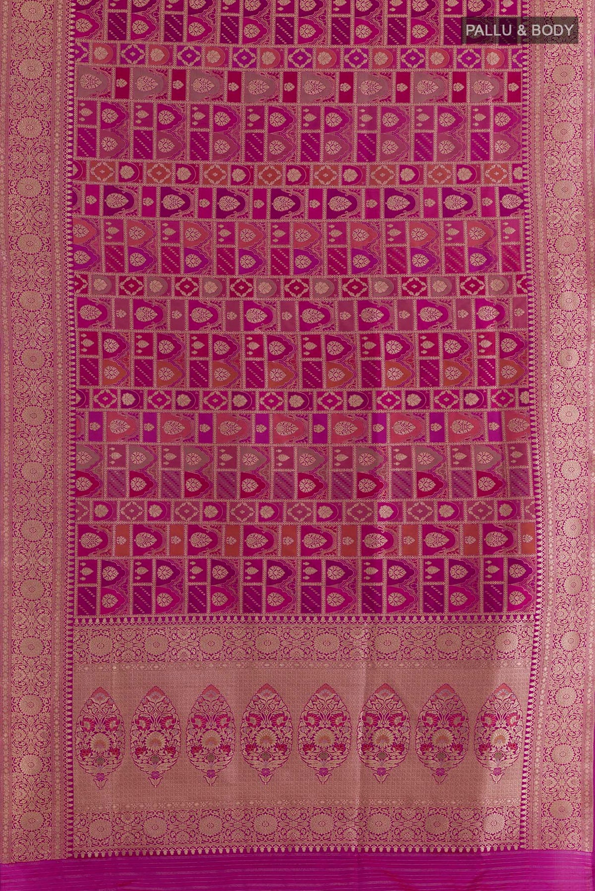 Flat view of Pure Silk Magenta Banarasi Saree with Zari Brocade on the body and Zari Border. 