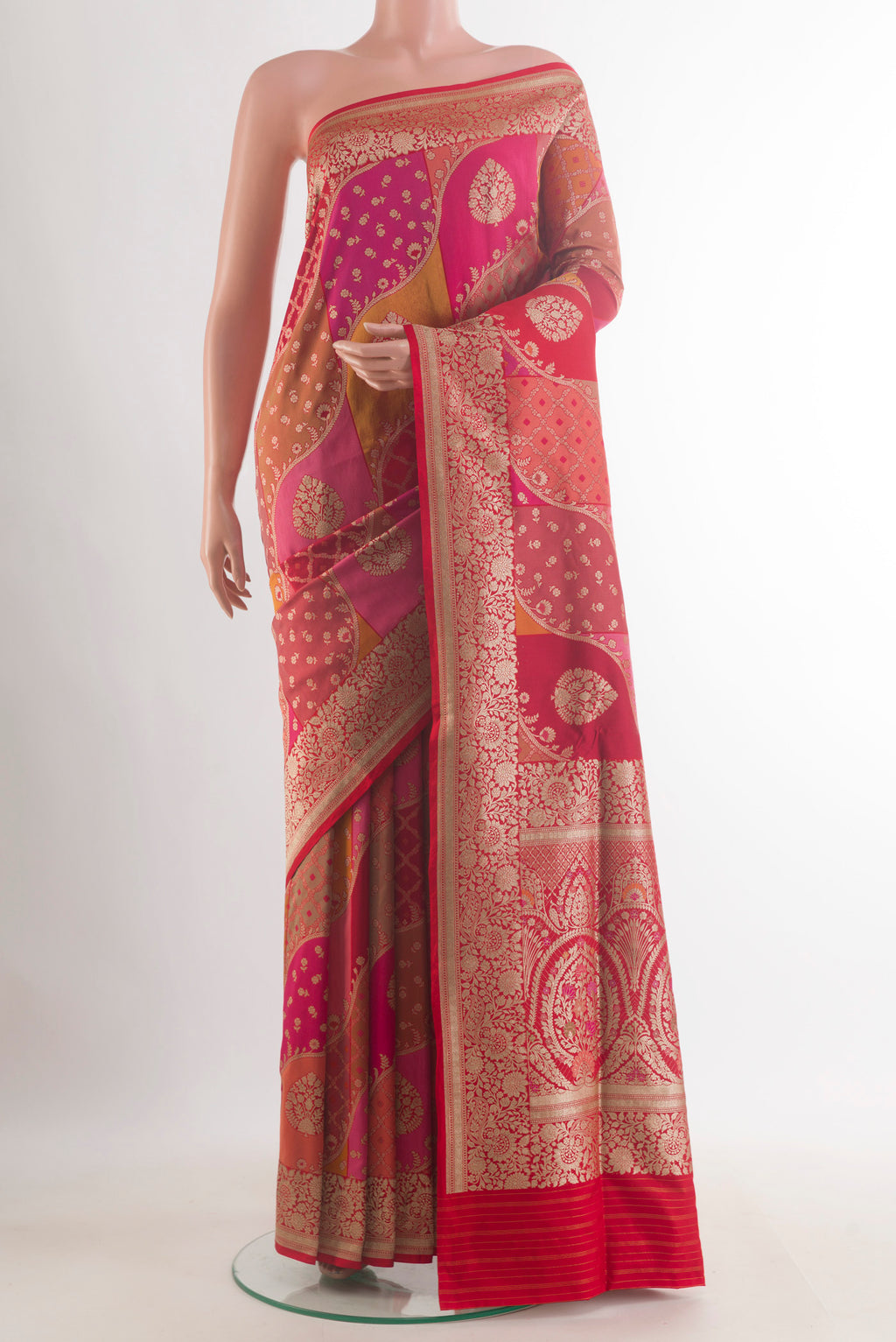 Pure Silk Multi Color Banarasi Saree with Zari Brocade on the body and Zari Border.  displayed on a mannequin