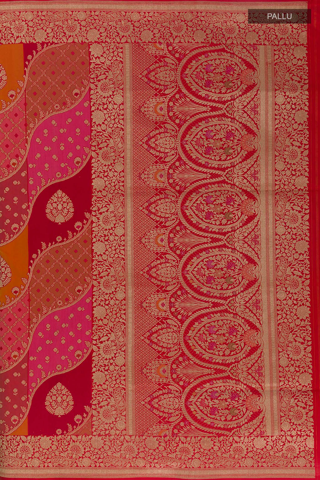 Close up image of the pallu of Pure Silk Multi Color Banarasi Saree with Zari Brocade on the body and Zari Border. 