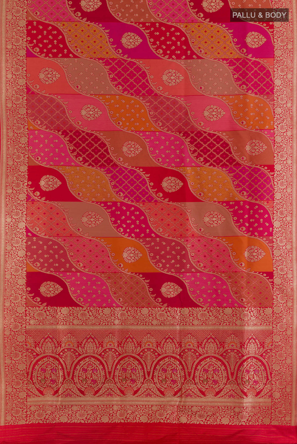 Flat view of Pure Silk Multi Color Banarasi Saree with Zari Brocade on the body and Zari Border. 
