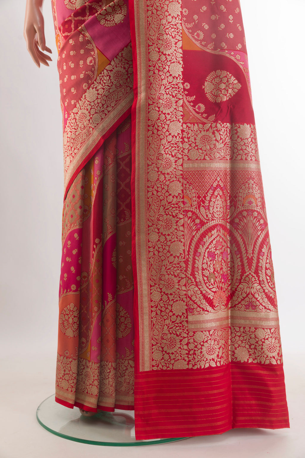 Pleats and pallu of Pure Silk Multi Color Banarasi Saree with Zari Brocade on the body and Zari Border. 