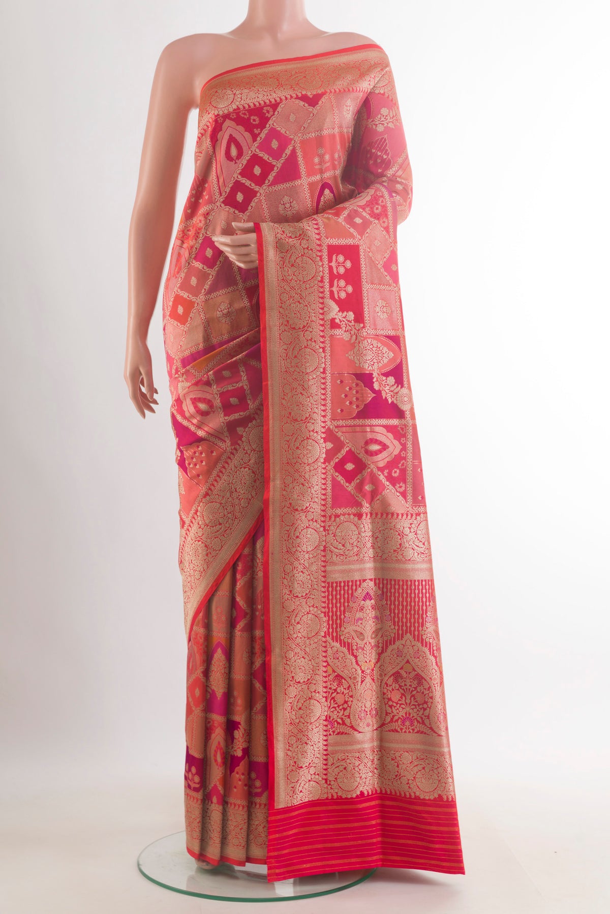 Pure Silk Multi Color Banarasi Saree with Zari Brocade on the body and Zari Border.  displayed on a mannequin