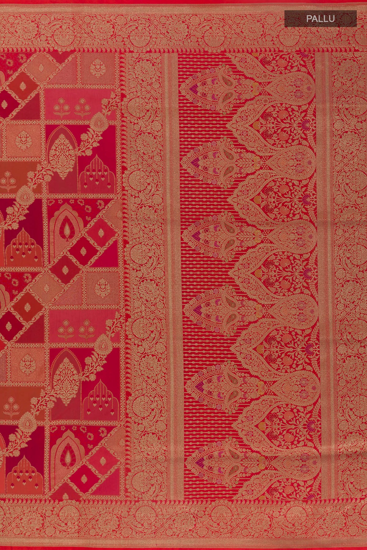 Close up image of the pallu of Pure Silk Multi Color Banarasi Saree with Zari Brocade on the body and Zari Border. 