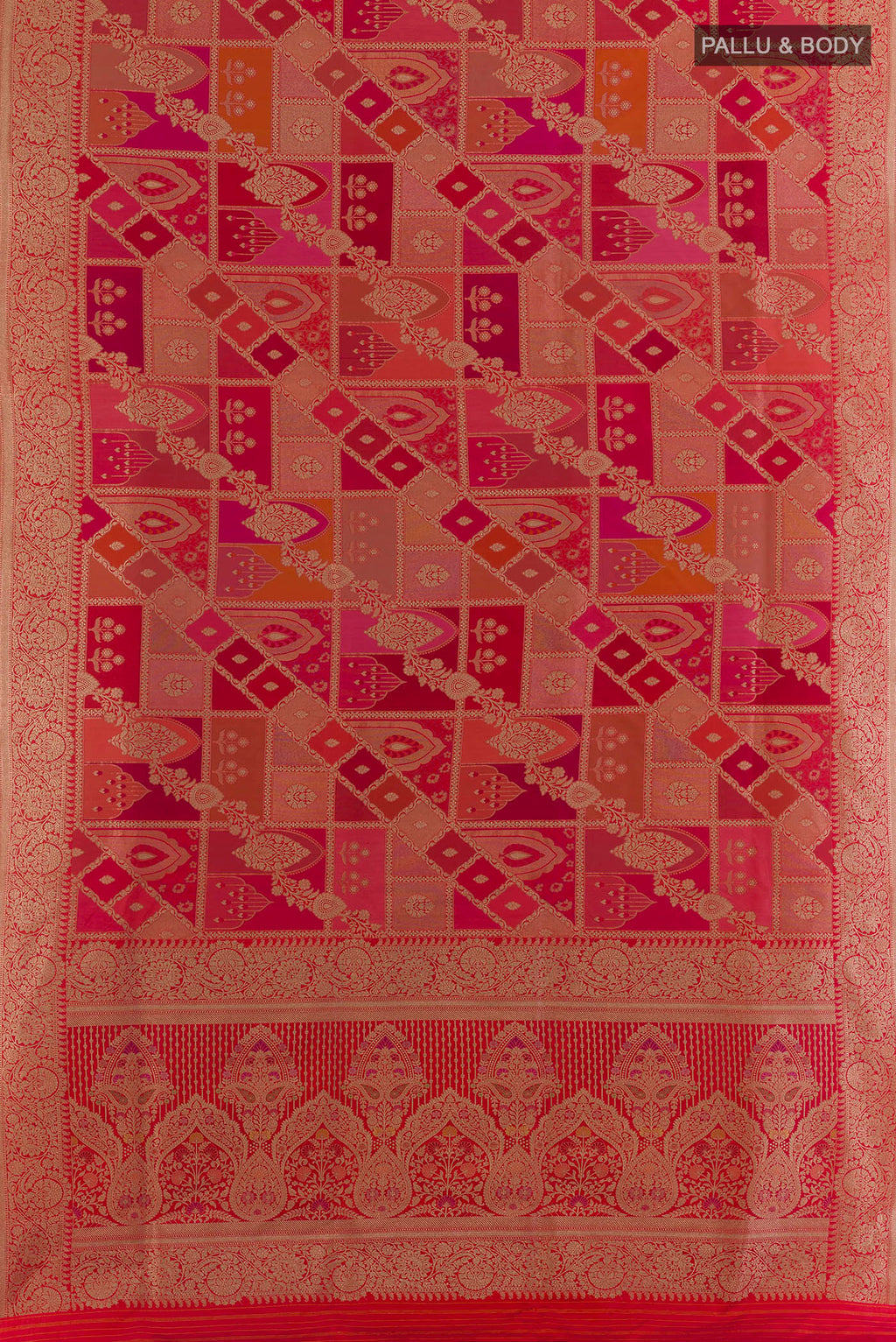 Flat view of Pure Silk Multi Color Banarasi Saree with Zari Brocade on the body and Zari Border. 