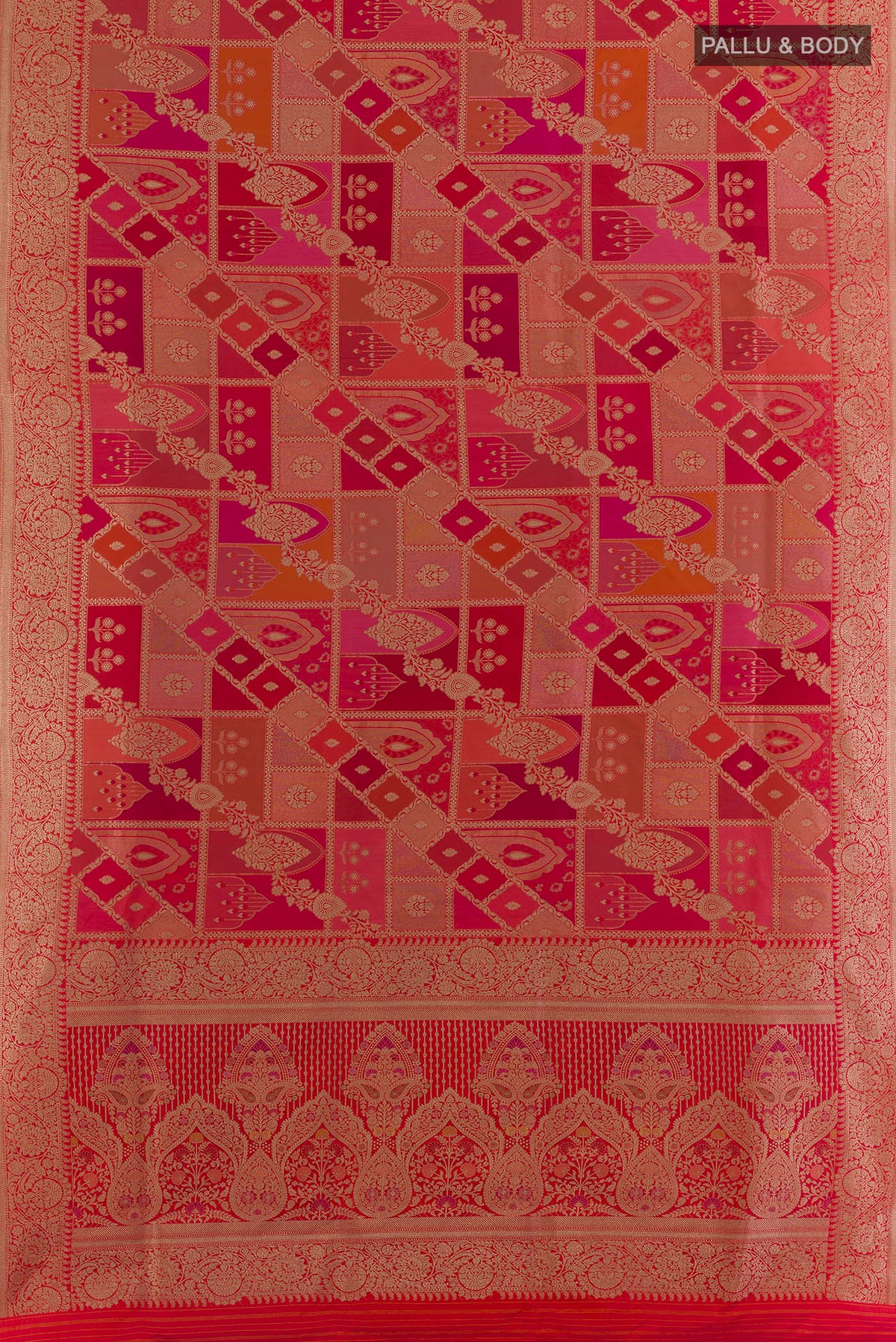 Flat view of Pure Silk Multi Color Banarasi Saree with Zari Brocade on the body and Zari Border. 