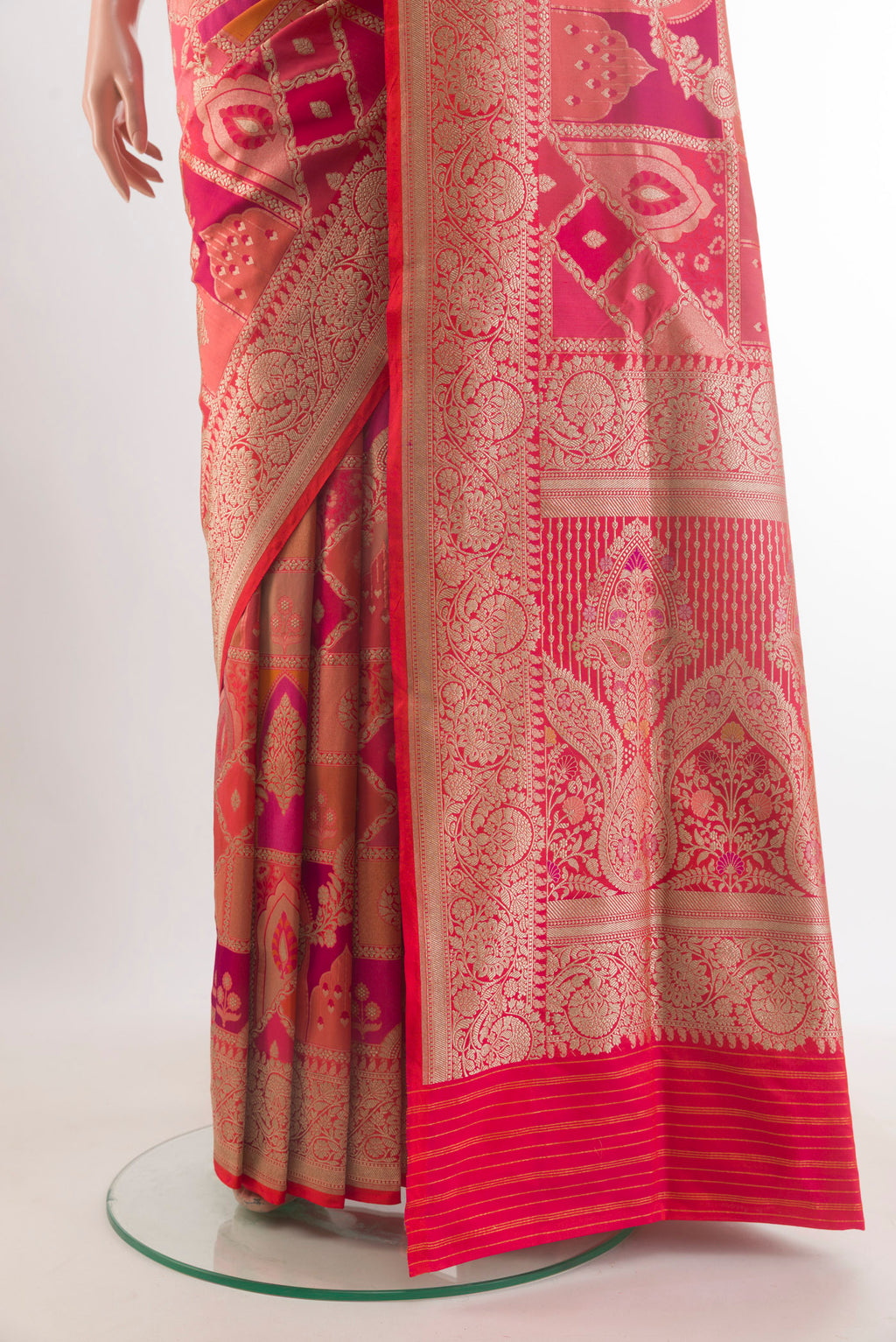 Pleats and pallu of Pure Silk Multi Color Banarasi Saree with Zari Brocade on the body and Zari Border. 