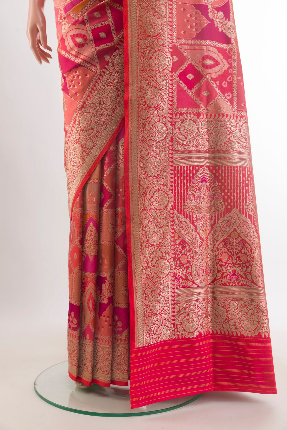 Pleats and pallu of Pure Silk Multi Color Banarasi Saree with Zari Brocade on the body and Zari Border. 