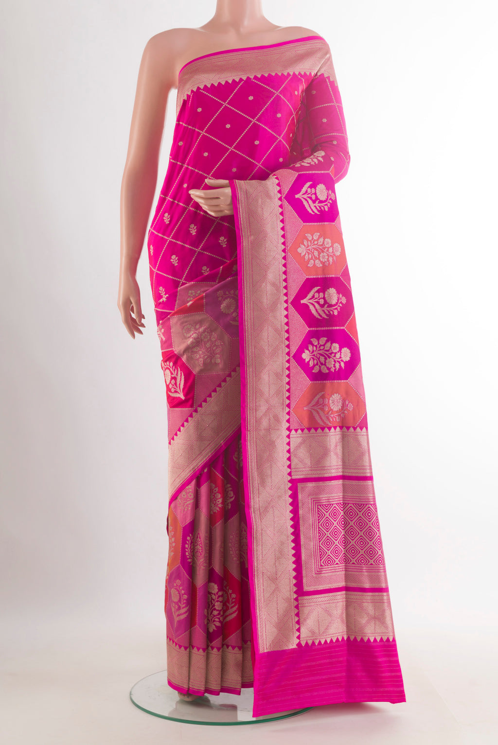 Pure Silk Pink Banarasi Saree with Zari Brocade on the body and Zari Border.  displayed on a mannequin
