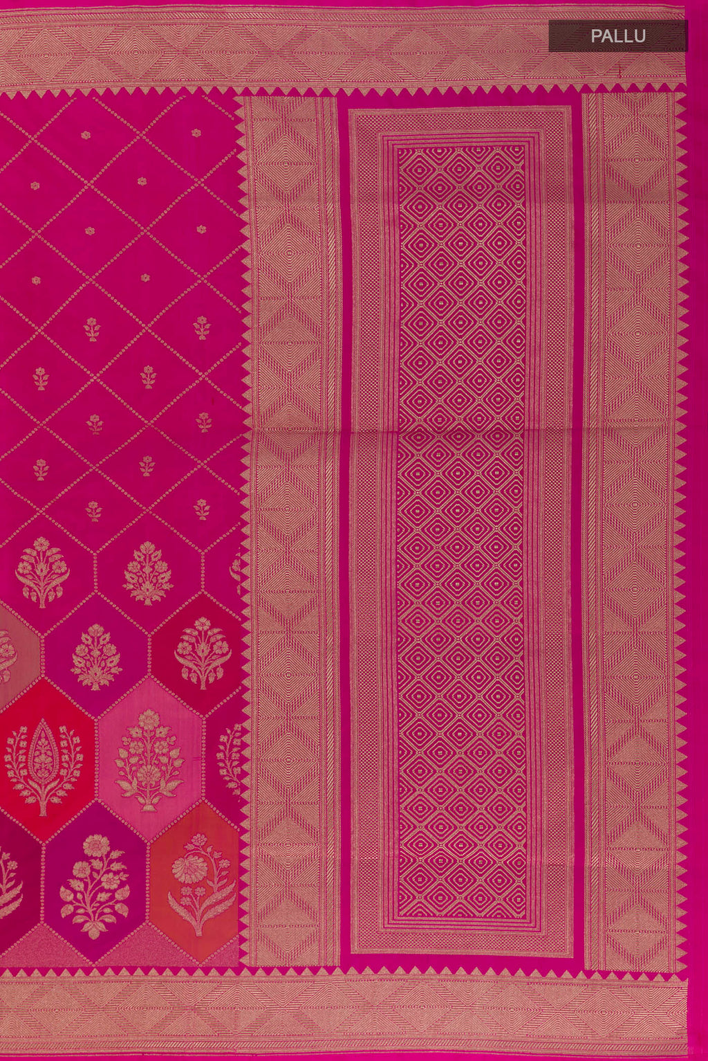 Close up image of the pallu of Pure Silk Pink Banarasi Saree with Zari Brocade on the body and Zari Border. 
