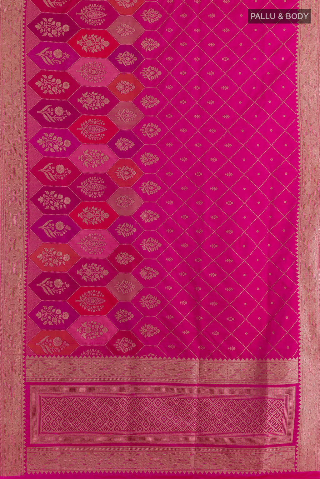 Flat view of Pure Silk Pink Banarasi Saree with Zari Brocade on the body and Zari Border. 