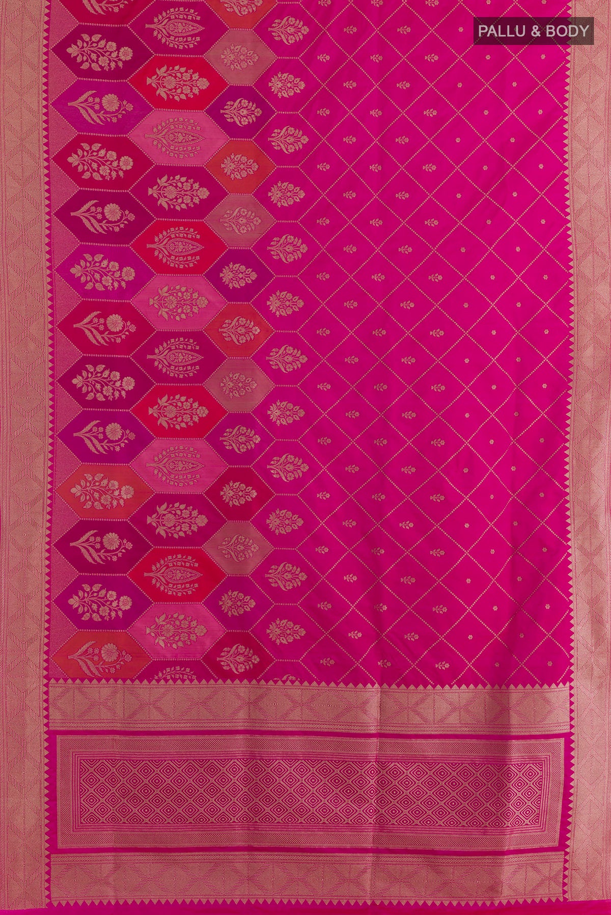 Flat view of Pure Silk Pink Banarasi Saree with Zari Brocade on the body and Zari Border. 