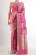 Pure Silk Coral Banarasi Saree with Zari Brocade on the body and Zari Border.  displayed on a mannequin
