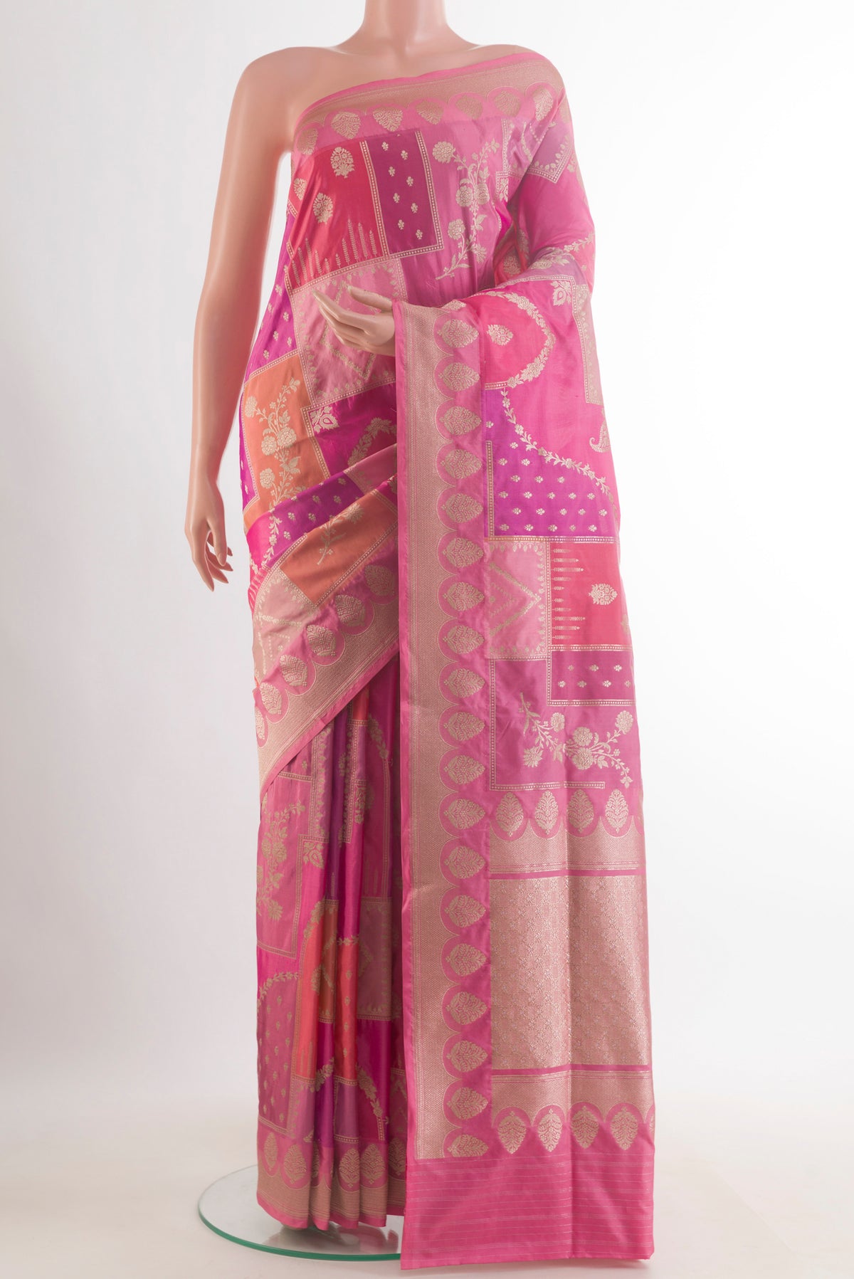 Pure Silk Coral Banarasi Saree with Zari Brocade on the body and Zari Border.  displayed on a mannequin