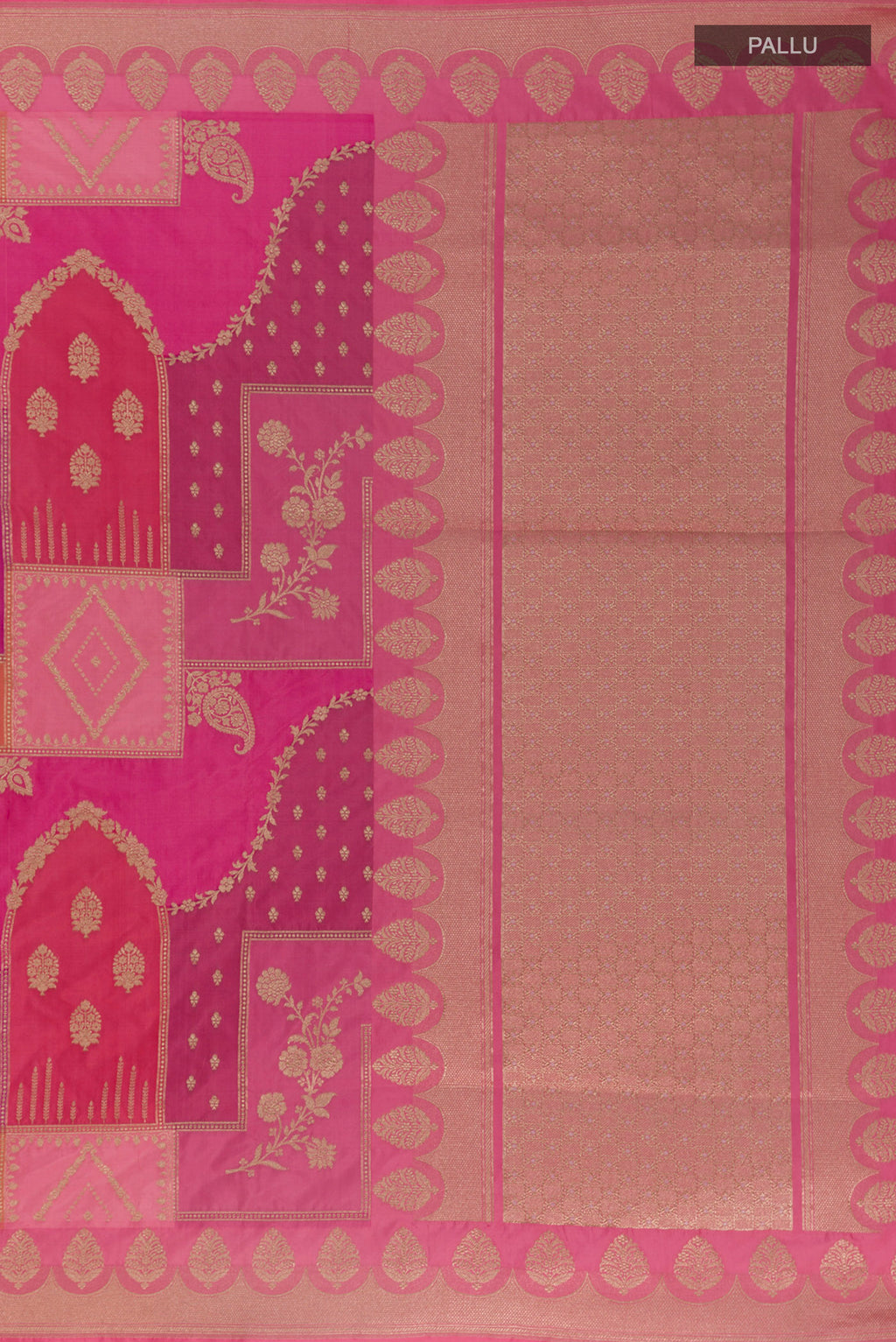 Close up image of the pallu of Pure Silk Coral Banarasi Saree with Zari Brocade on the body and Zari Border. 