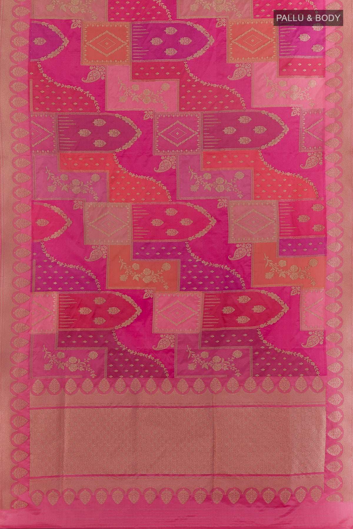 Flat view of Pure Silk Coral Banarasi Saree with Zari Brocade on the body and Zari Border. 