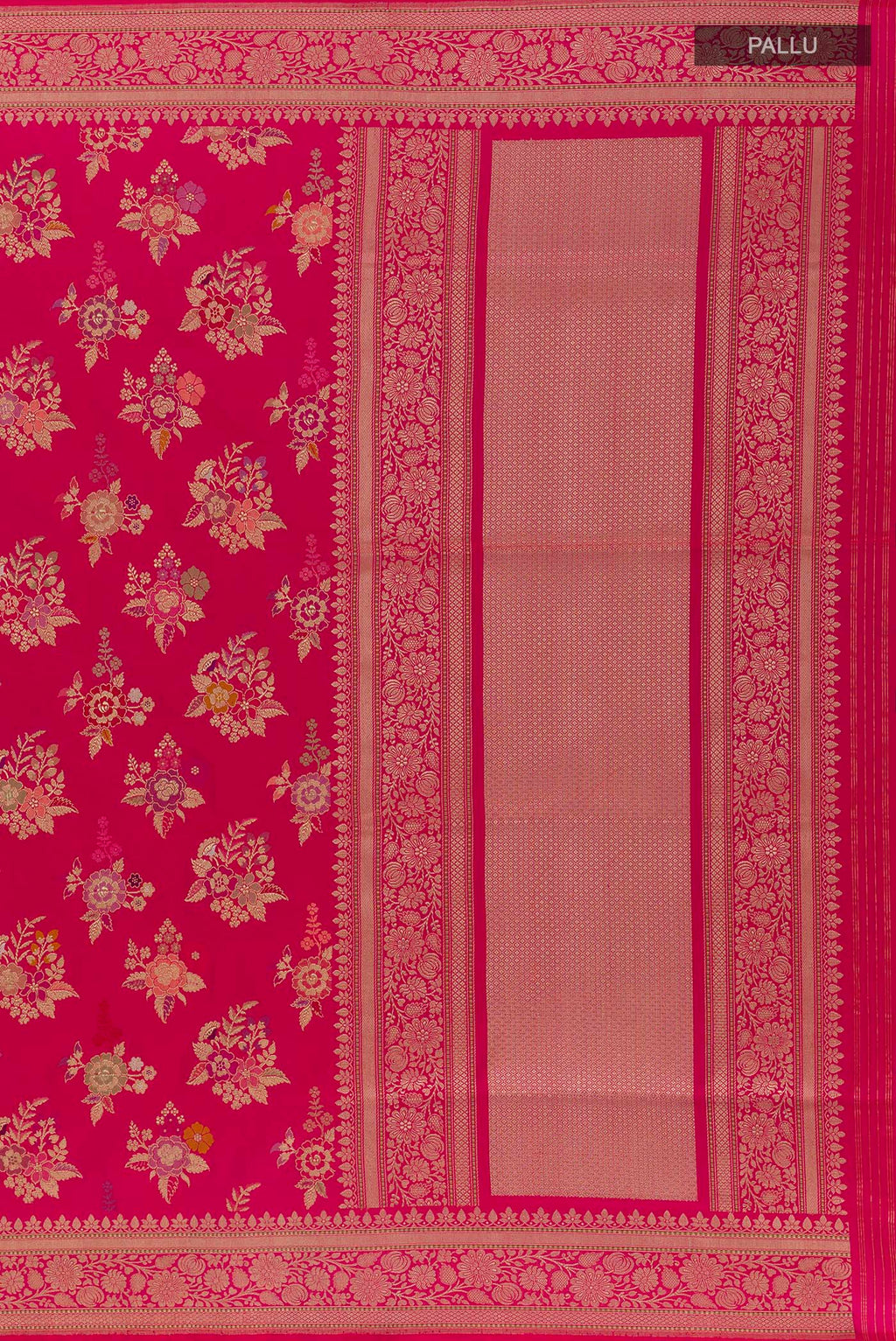 Close up image of the pallu of Pure Silk Pink Banarasi Saree with Zari Brocade on the body and Zari Border. 