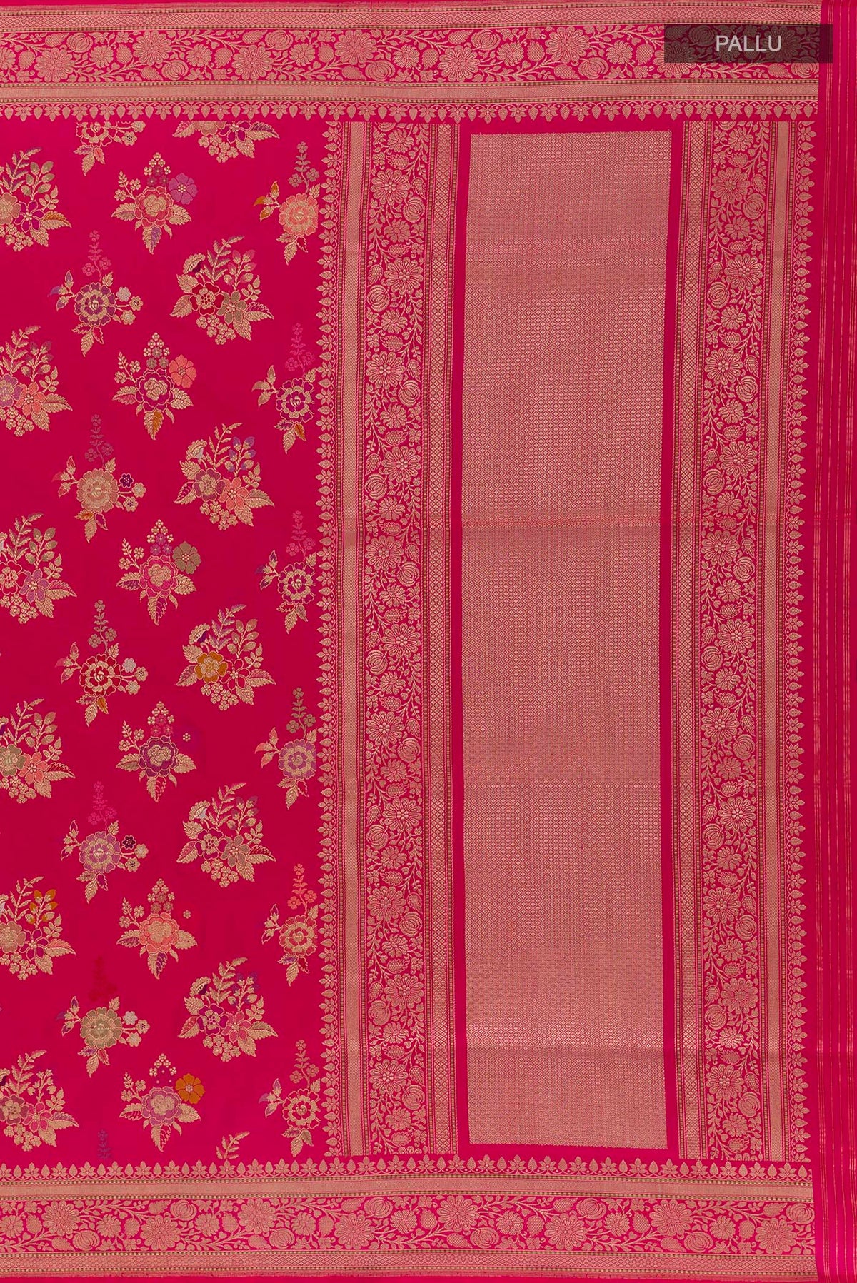 Close up image of the pallu of Pure Silk Pink Banarasi Saree with Zari Brocade on the body and Zari Border. 