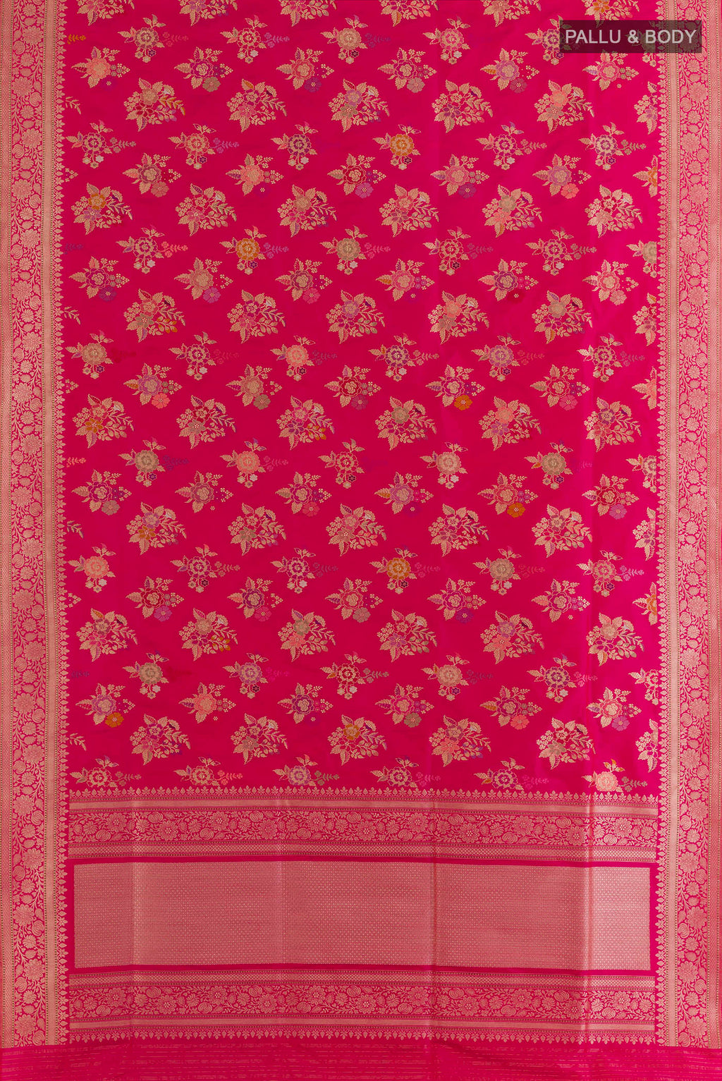 Flat view of Pure Silk Pink Banarasi Saree with Zari Brocade on the body and Zari Border. 