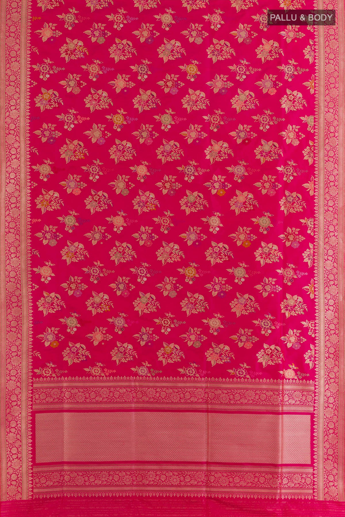 Flat view of Pure Silk Pink Banarasi Saree with Zari Brocade on the body and Zari Border. 