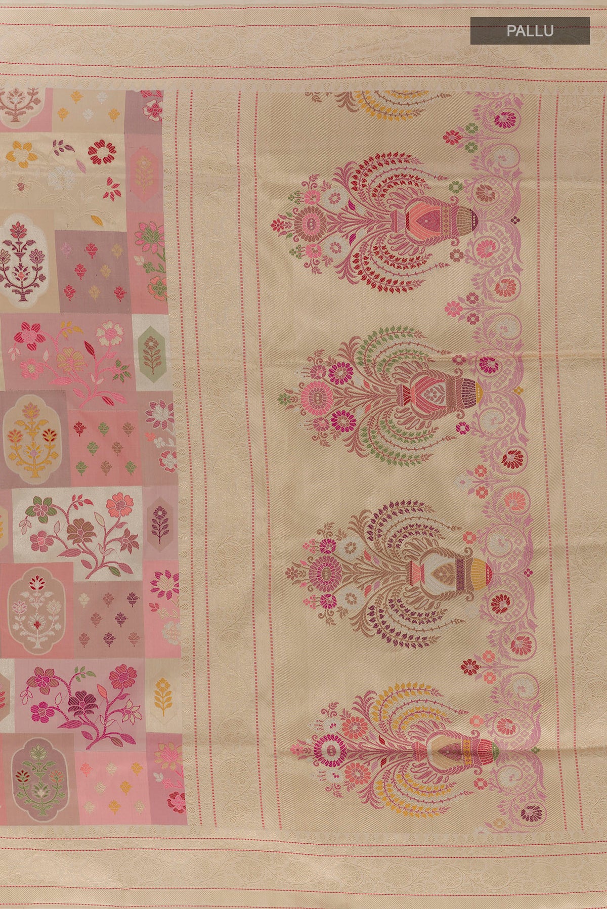 Close up image of the pallu of Pure Silk Peach Banarasi Saree with Zari And Thread Butta on the body and Zari Border. 