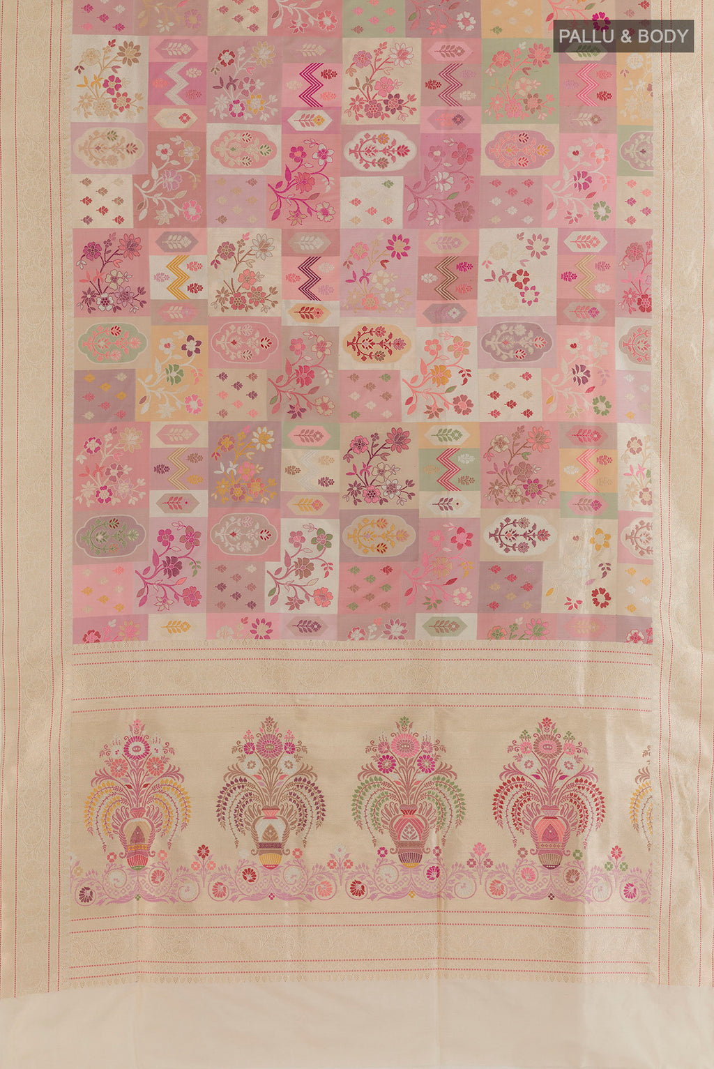 Flat view of Pure Silk Peach Banarasi Saree with Zari And Thread Butta on the body and Zari Border. 