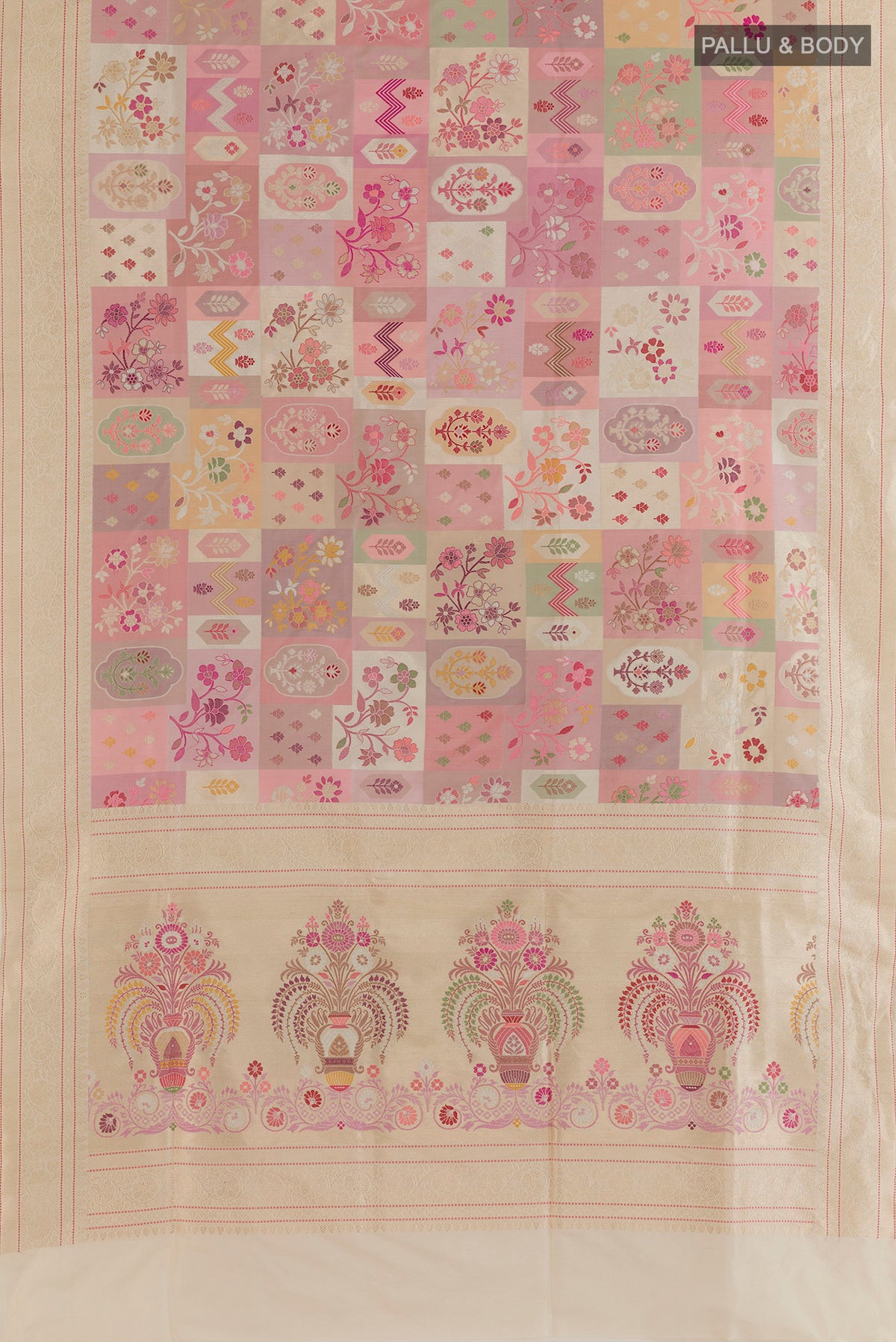 Flat view of Pure Silk Peach Banarasi Saree with Zari And Thread Butta on the body and Zari Border. 
