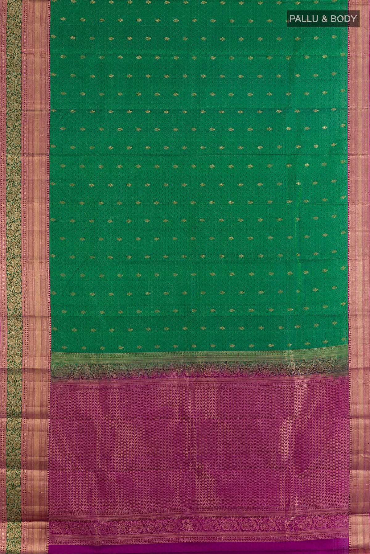 Flat view of Pure Silk Green Kanchipuram Saree with Jacquard With Zari Butta on the body and Zari Border. 