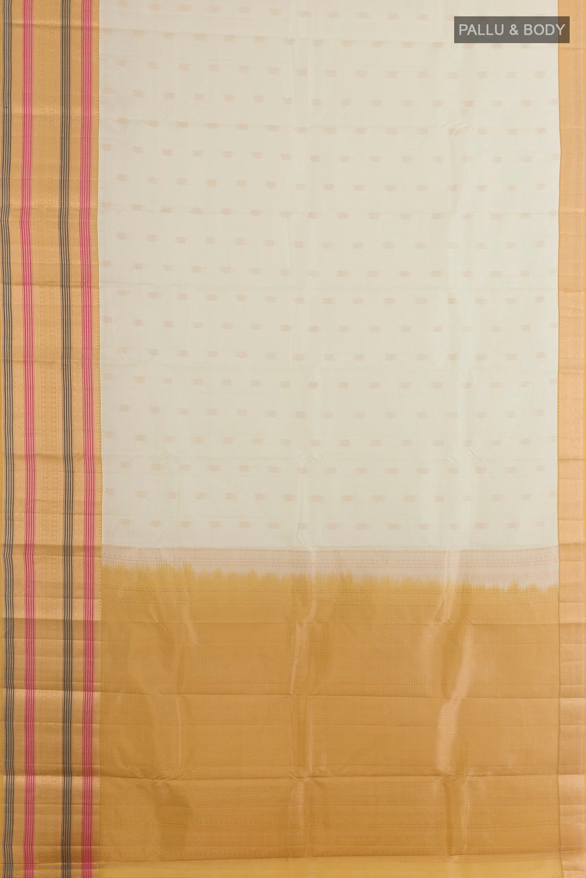 Flat view of Pure Silk Off White Kanchipuram Saree with Zari Butta on the body and Zari Border. 