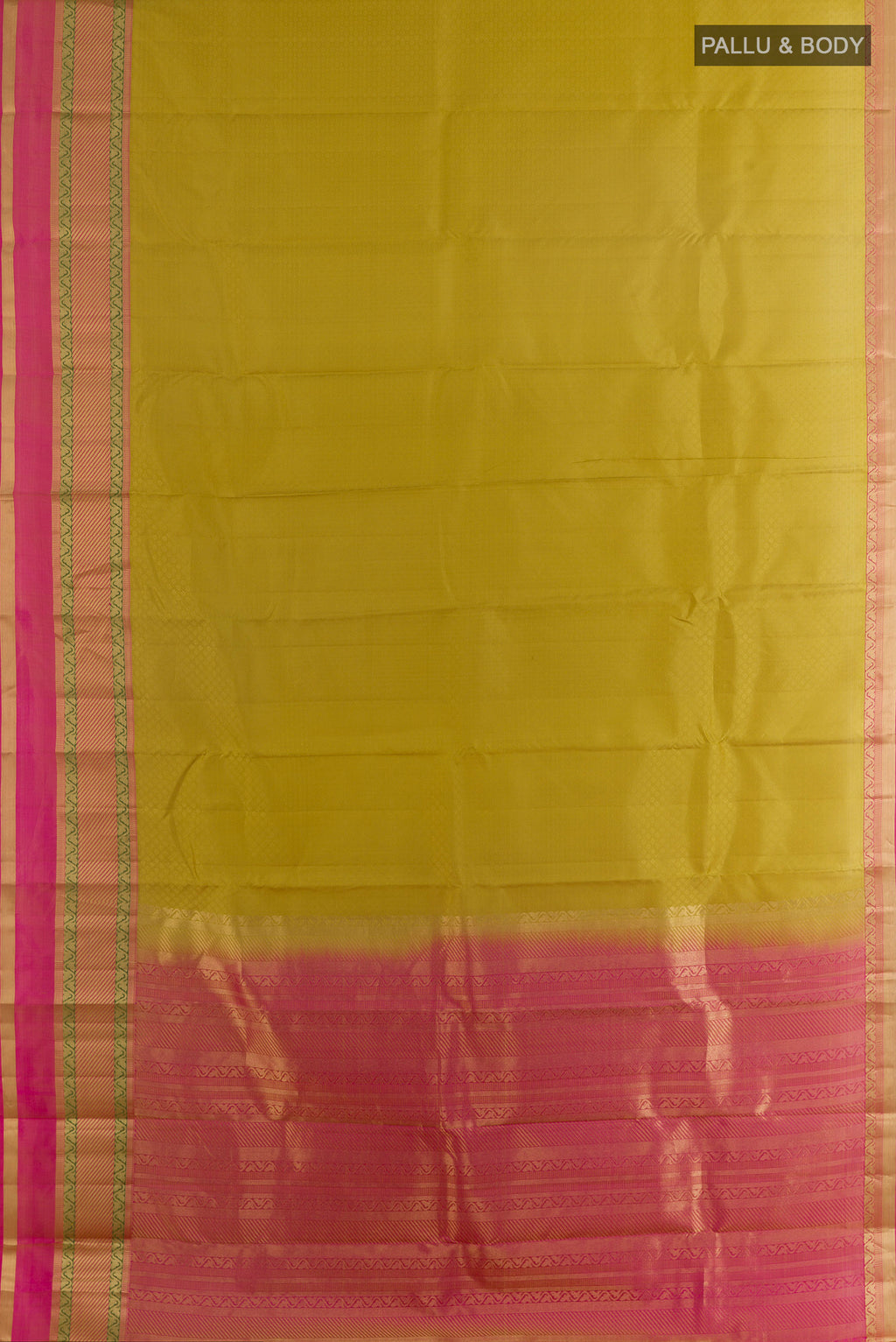 Flat view of Pure Silk Green Kanchipuram Saree with Jacquard design on the body and Zari Border. 
