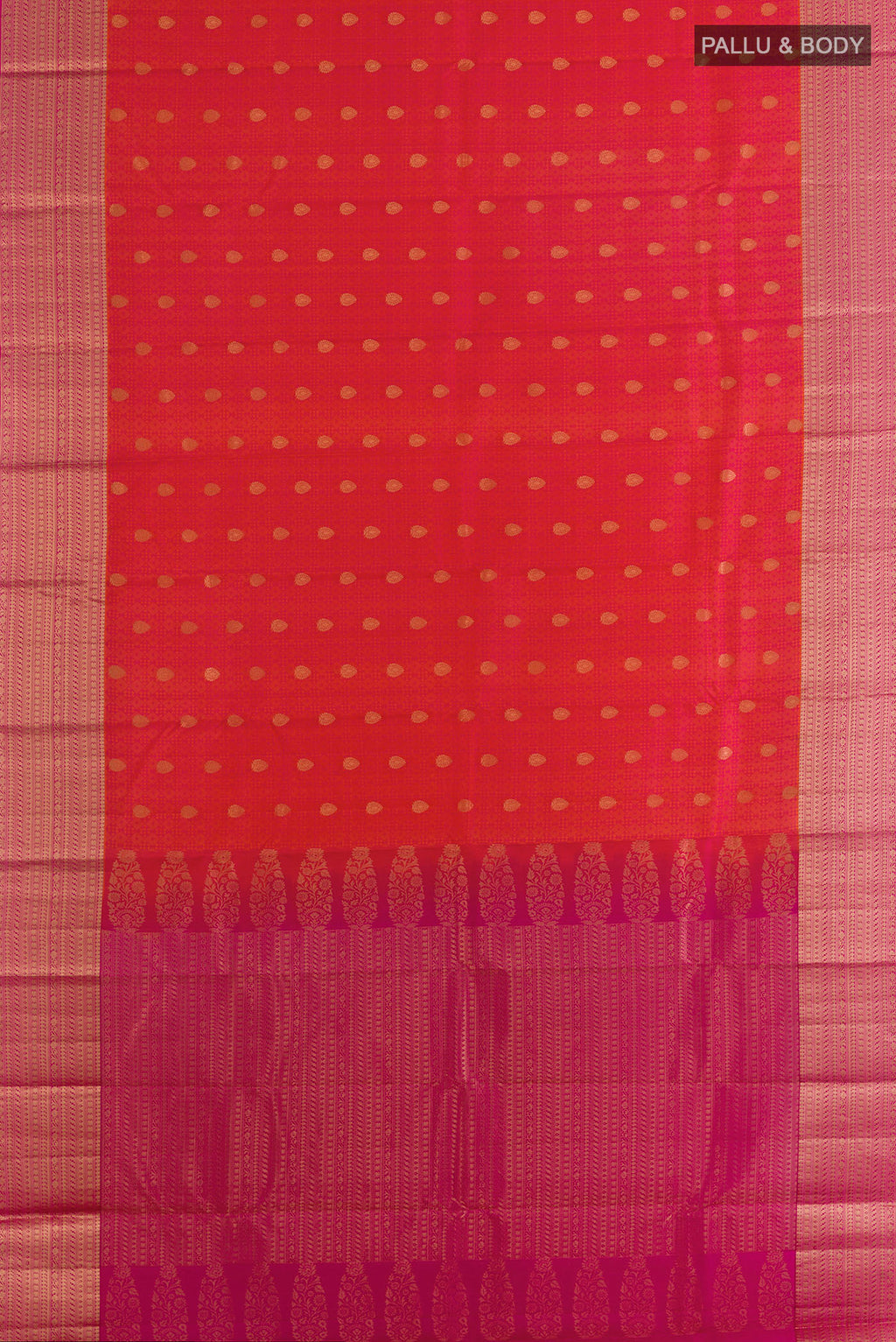 Flat view of Pure Silk Brick Orange Kanchipuram Saree with Jacquard With Zari Butta on the body and Zari Border. 