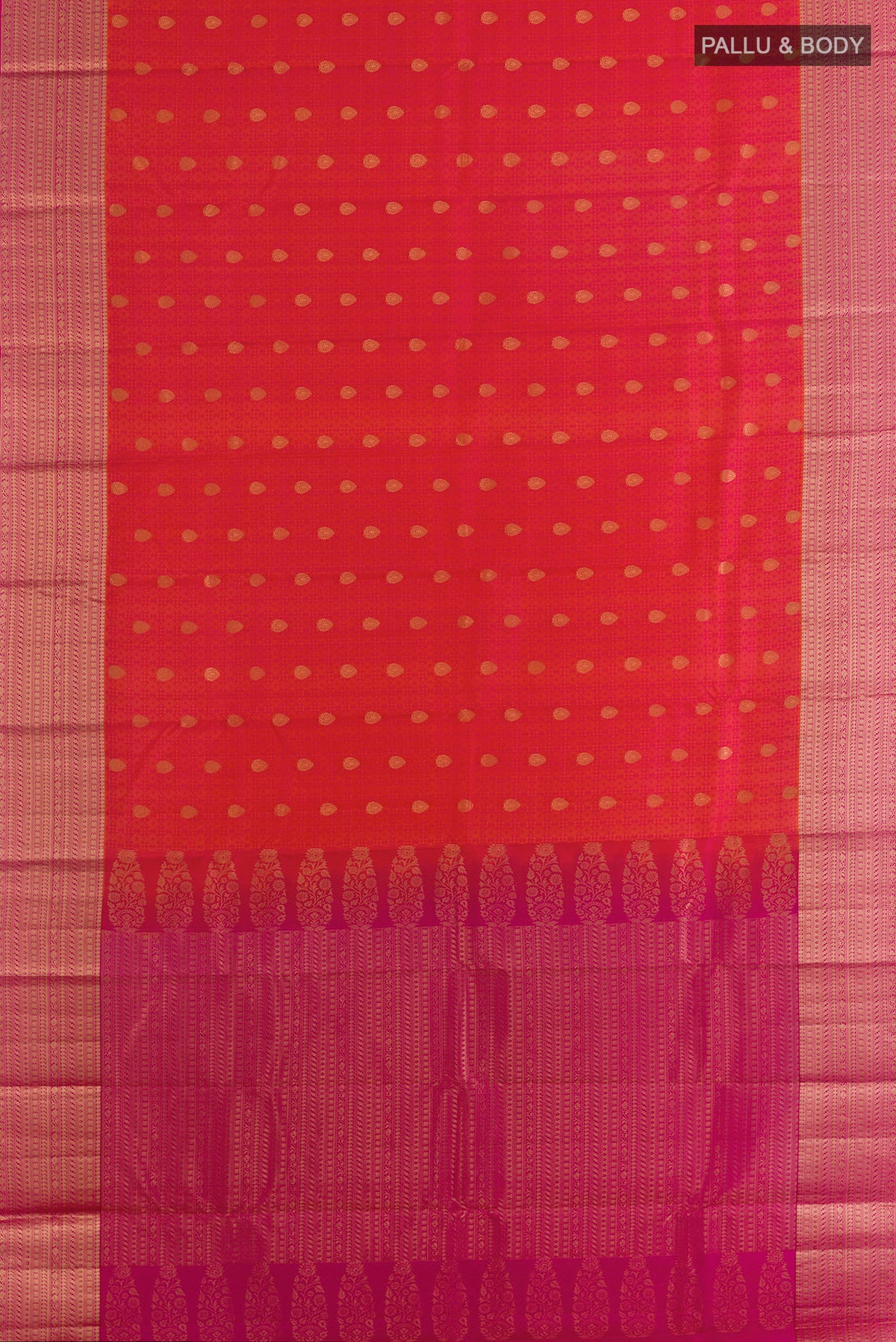 Flat view of Pure Silk Brick Orange Kanchipuram Saree with Jacquard With Zari Butta on the body and Zari Border. 