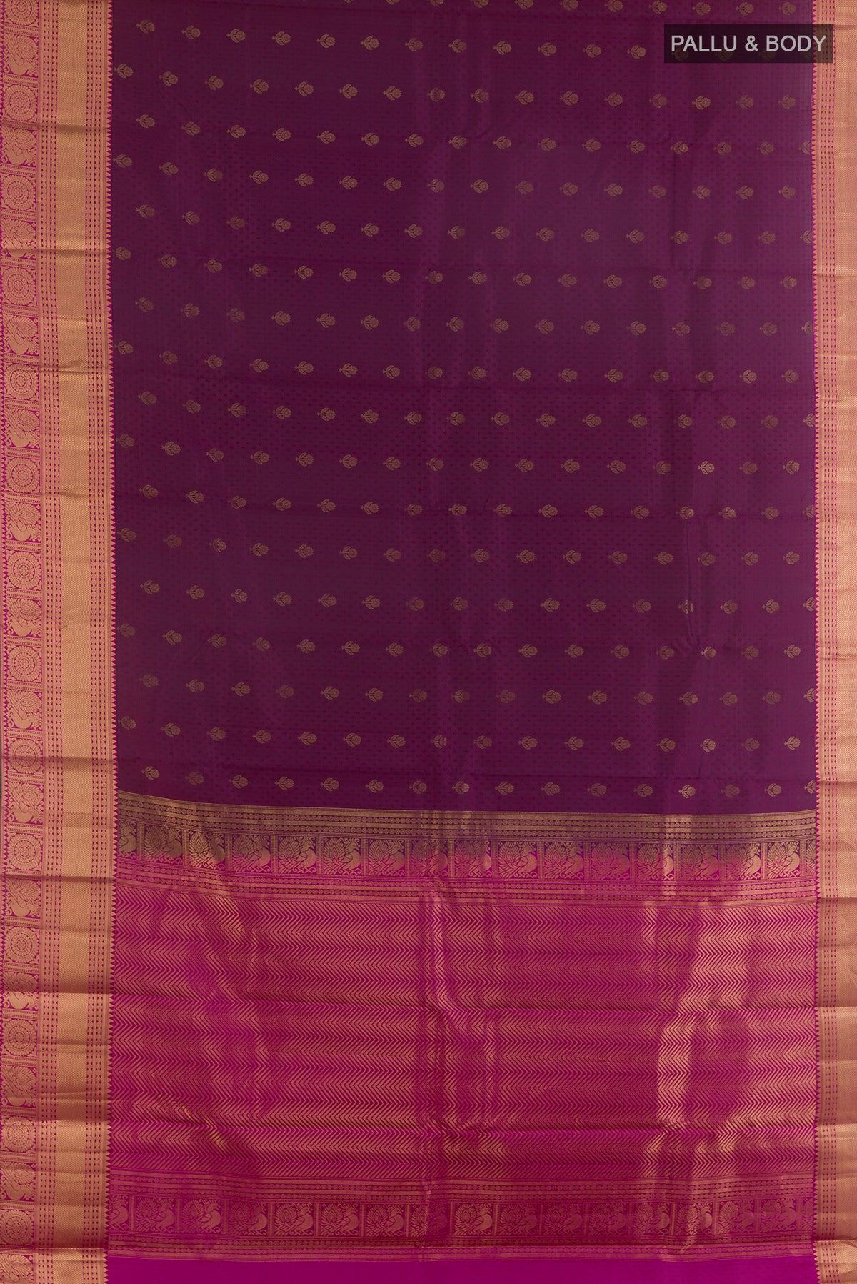 Flat view of Pure Silk Purple Kanchipuram Saree with Jacquard With Zari Butta on the body and Zari Border. 