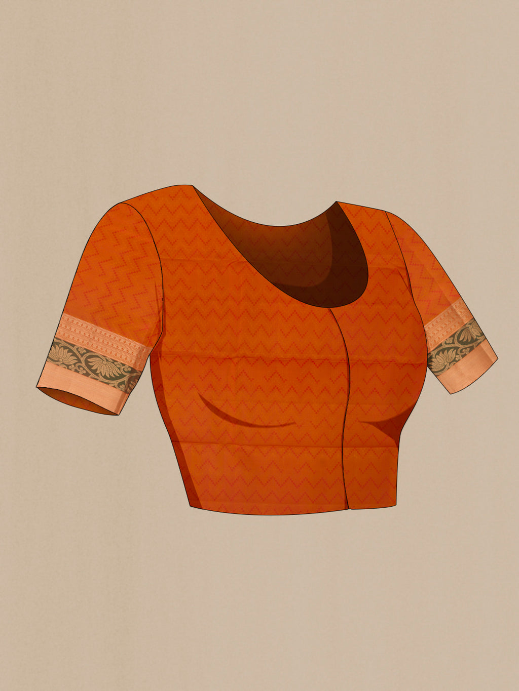 Close up image of the blouse of Pure Silk Maroon Kanchipuram Saree with Jacquard With Zari Butta on the body and Zari Border. 