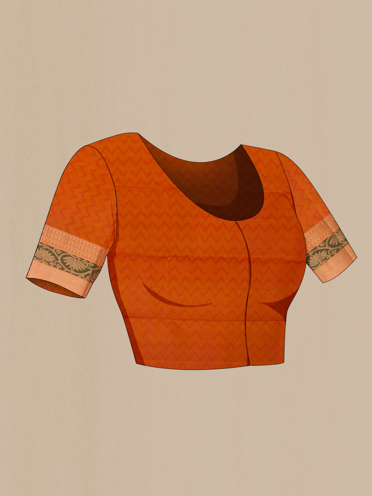 Close up image of the blouse of Pure Silk Maroon Kanchipuram Saree with Jacquard With Zari Butta on the body and Zari Border. 