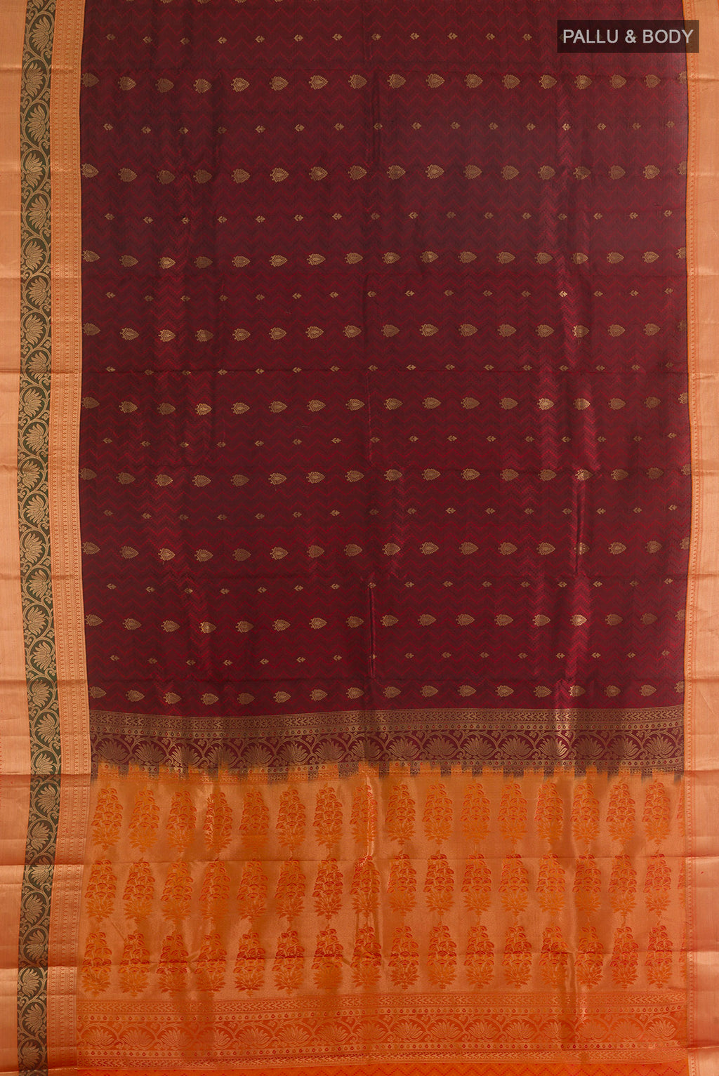 Flat view of Pure Silk Maroon Kanchipuram Saree with Jacquard With Zari Butta on the body and Zari Border. 