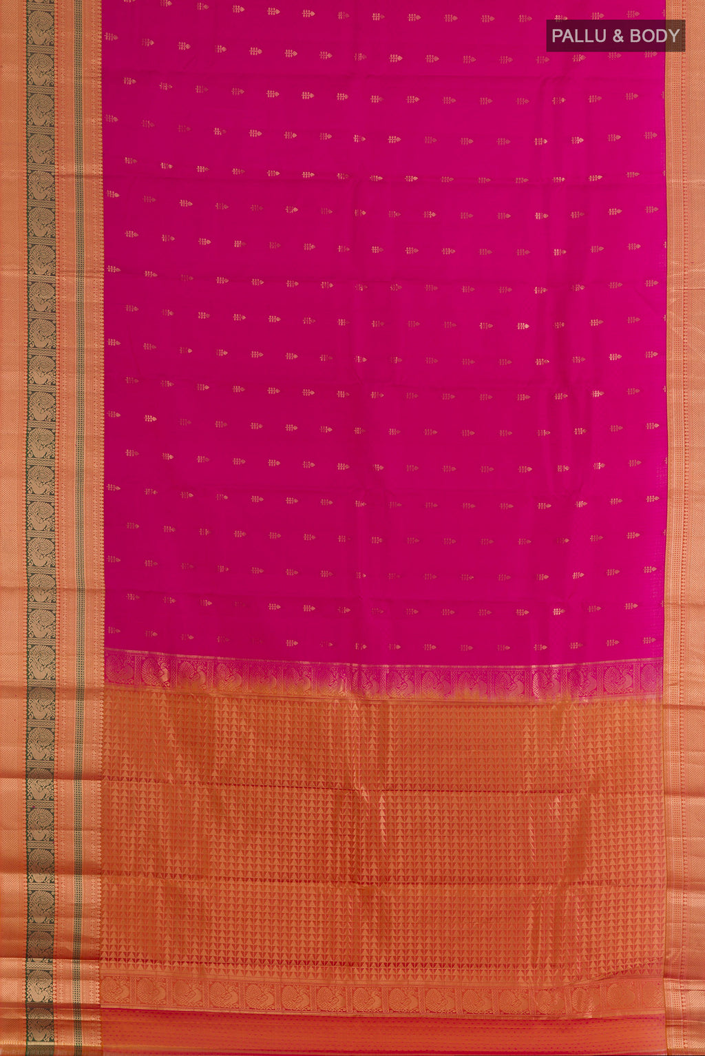 Flat view of Pure Silk Pink Kanchipuram Saree with Jacquard With Zari Butta on the body and Zari Border. 