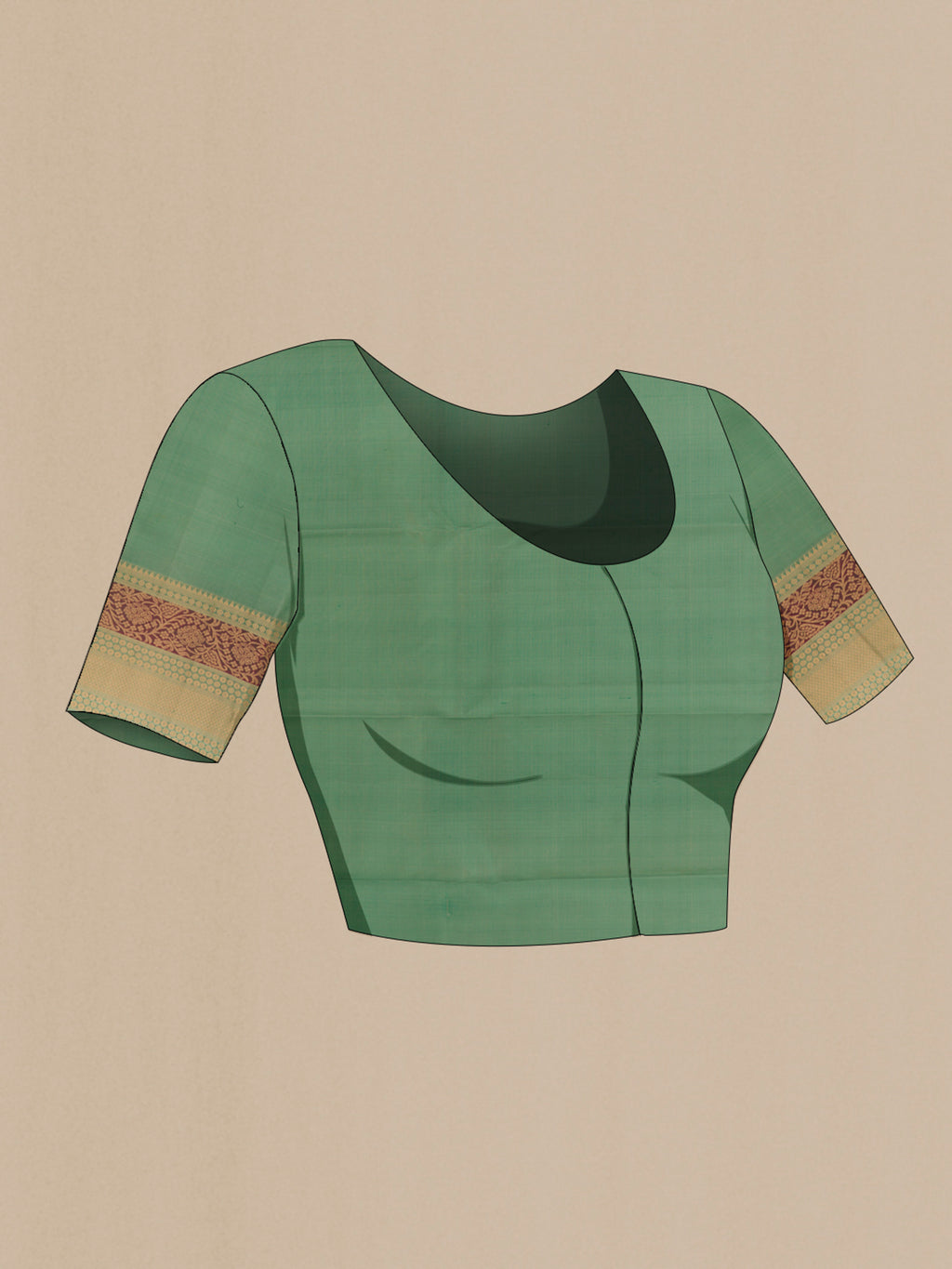 Close up image of the blouse of Pure Silk Bottle Green Kanchipuram Saree with Zari Butta on the body and Zari Border. 