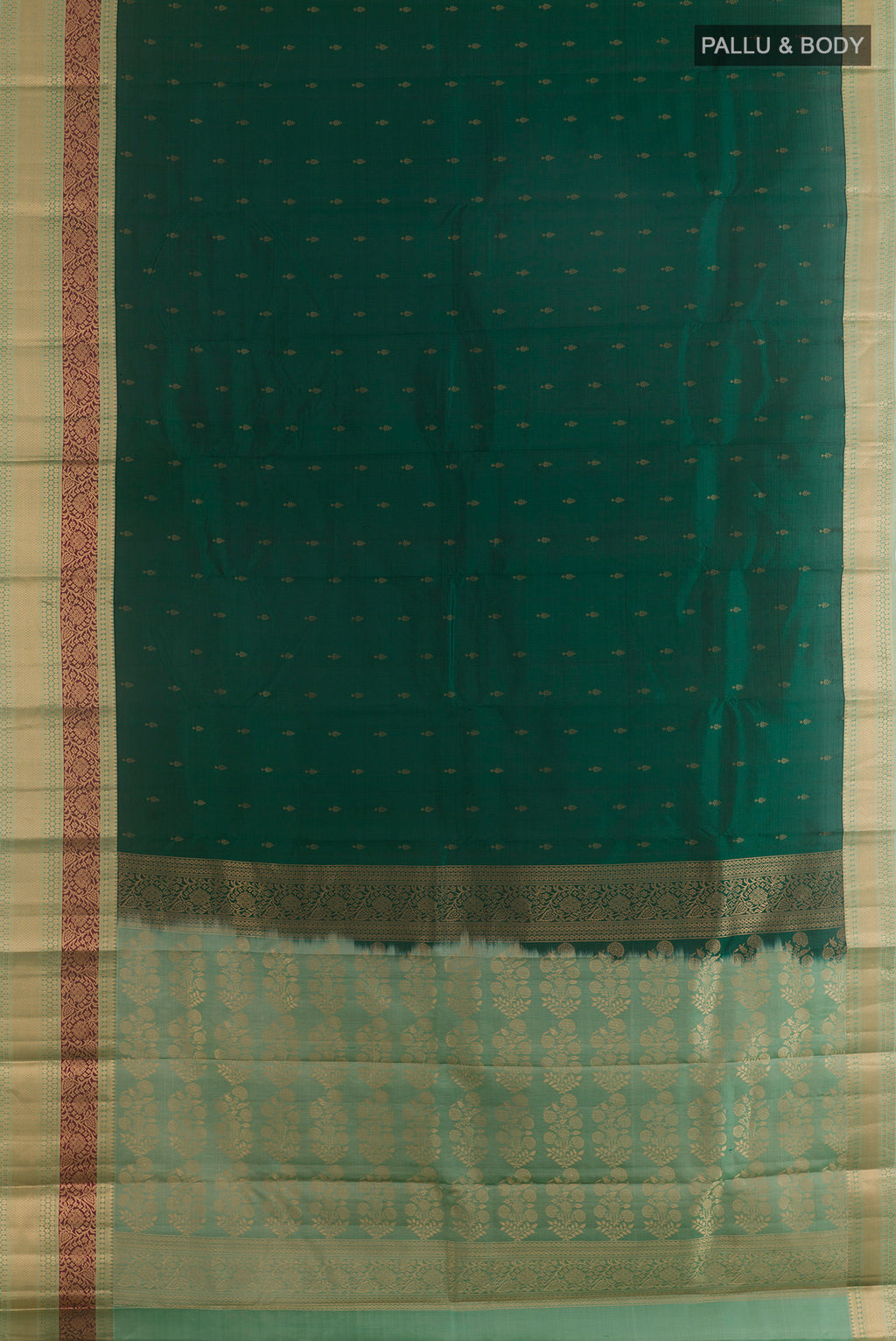 Flat view of Pure Silk Bottle Green Kanchipuram Saree with Zari Butta on the body and Zari Border. 
