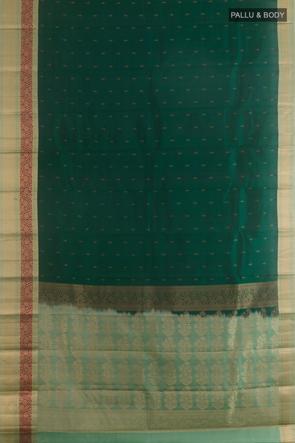 Flat view of Pure Silk Bottle Green Kanchipuram Saree with Zari Butta on the body and Zari Border. 