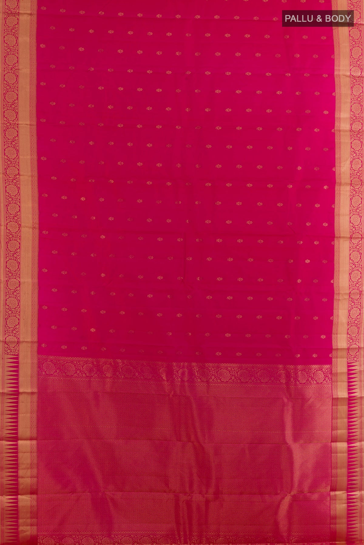 Flat view of Pure Silk Pink Kanchipuram Saree with Zari Butta on the body and Zari Border. 
